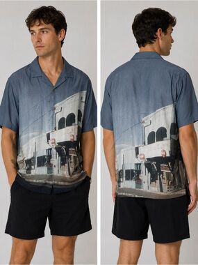 ASOS XL Cityscape Graphic Print Camp Collar Button-Up Shirt Oversized